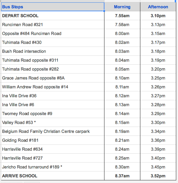 Timetable Proposed Bus Route 2016